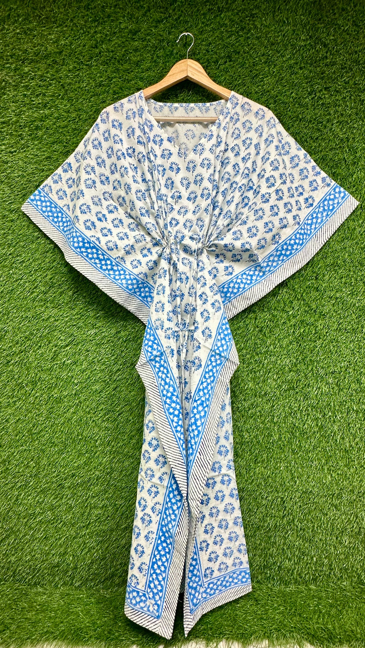 White Blue Floral Block Printed Kaftan