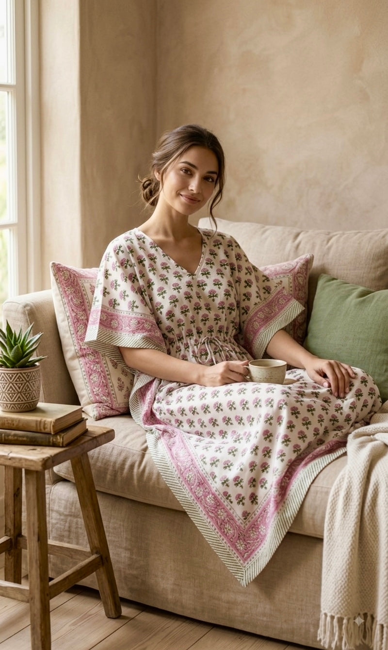 Pink Lotus Block Printed Kaftan