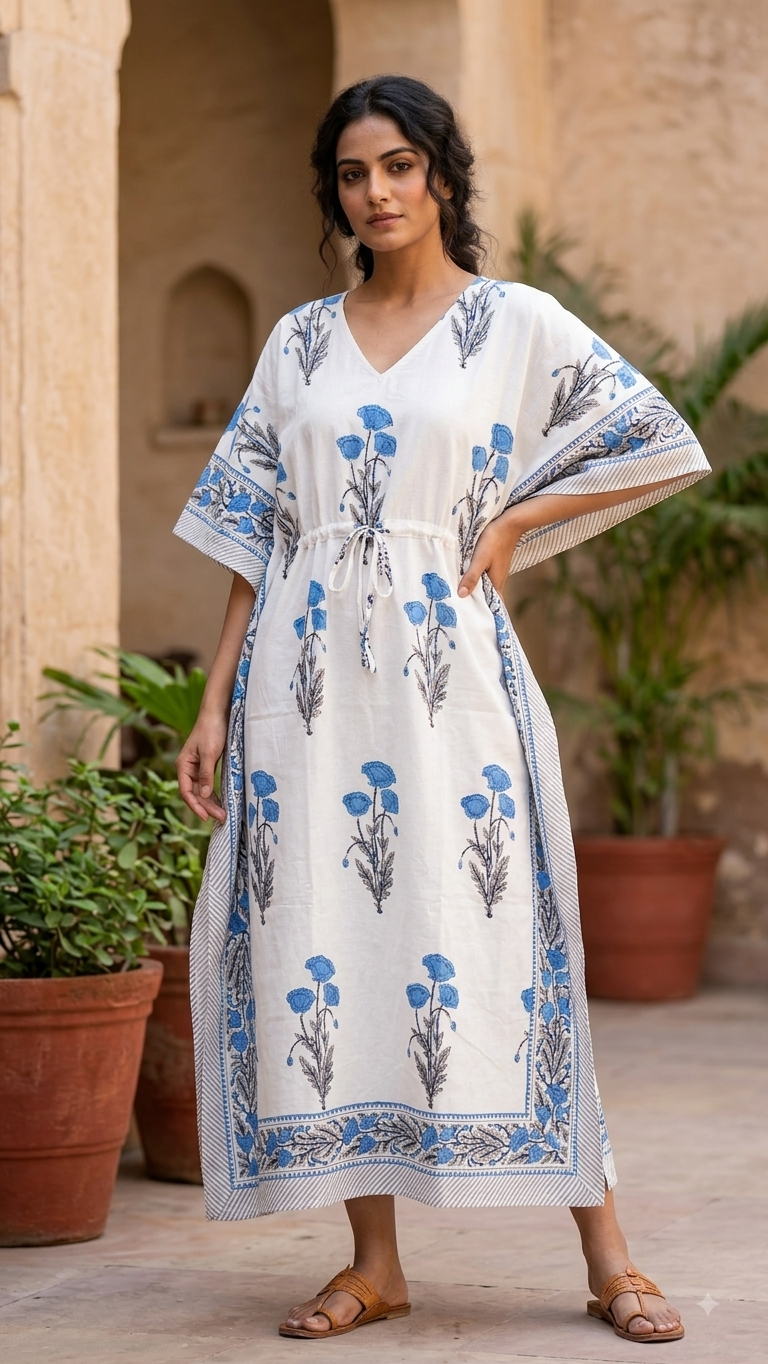 Blue Floral Block Printed Kaftan