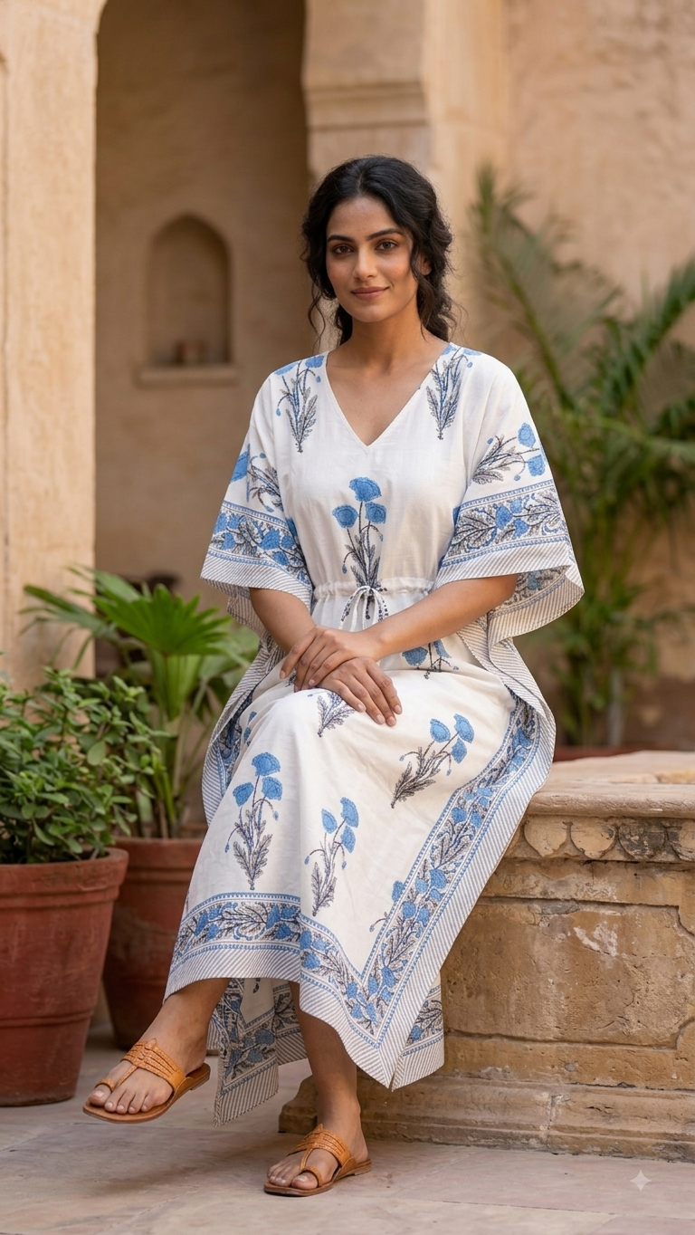 Blue Floral Block Printed Kaftan