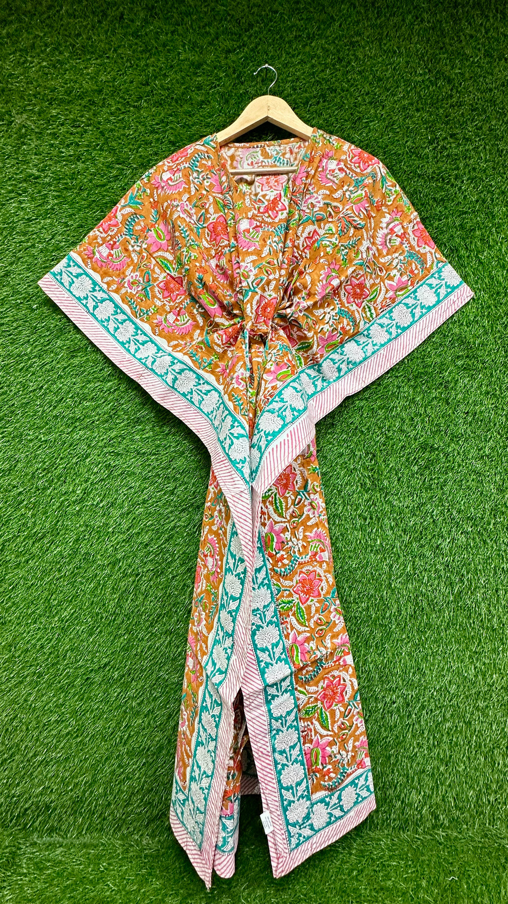 Dark Orange Floral Block Printed Kaftan