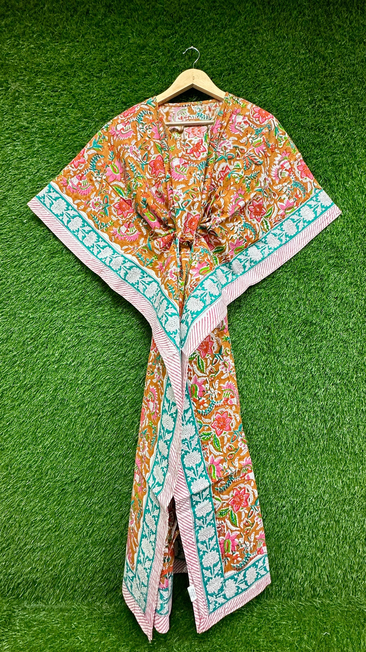 Dark Orange Floral Block Printed Kaftan