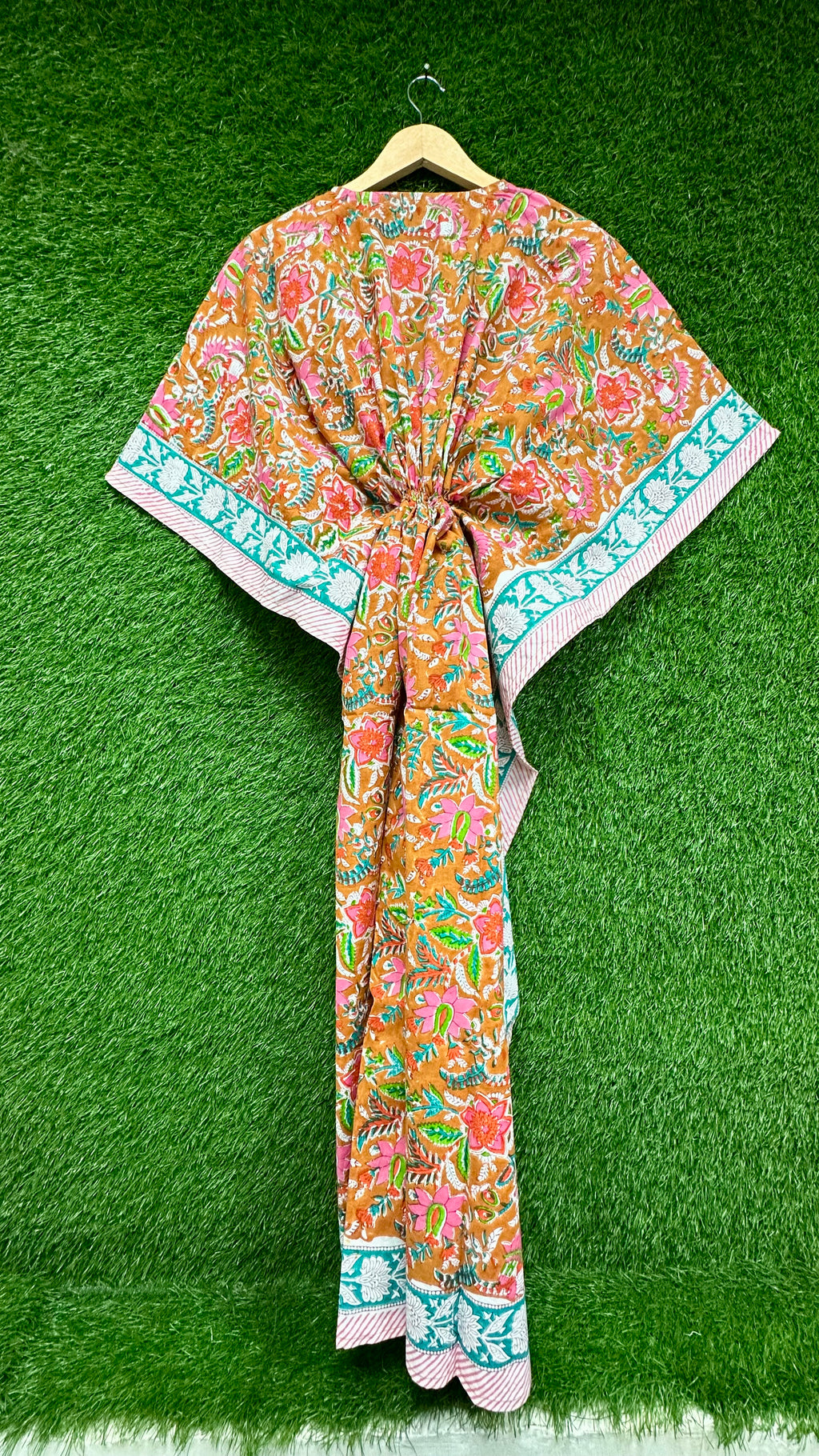 Dark Orange Floral Block Printed Kaftan