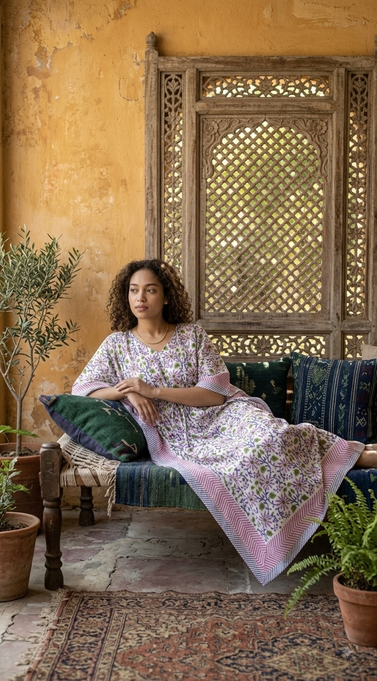 Lavender Block Printed Kaftan