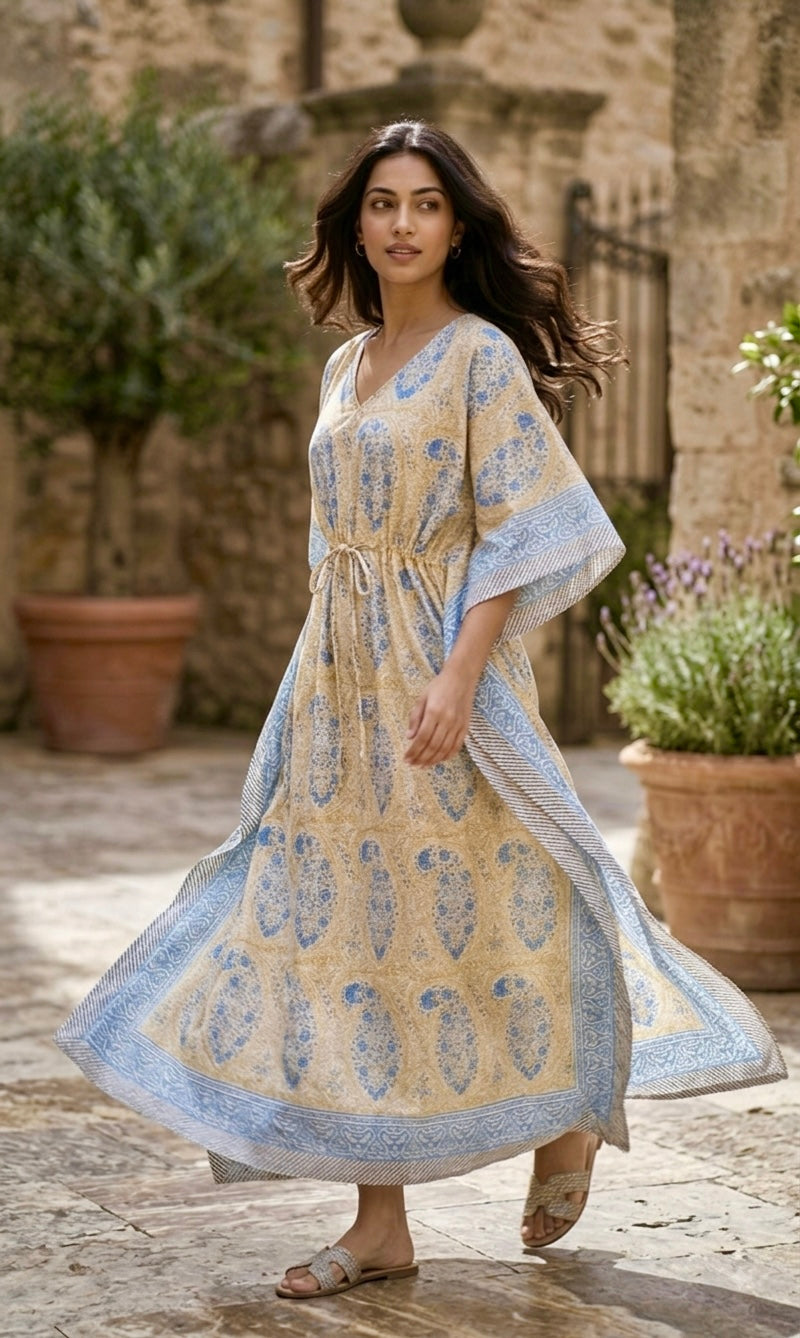 Blue Paisley Block Printed Kaftan