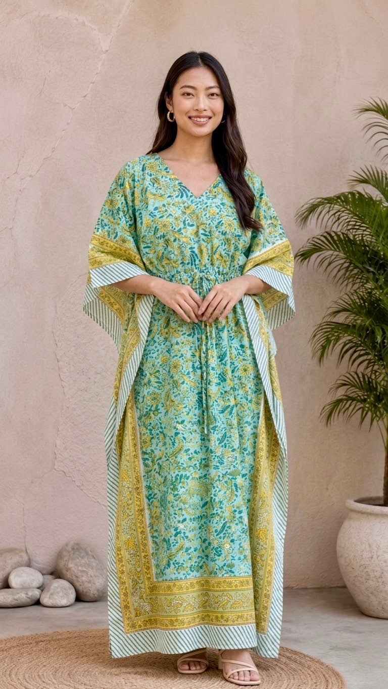 Mint Green Floral Block Printed Kaftan