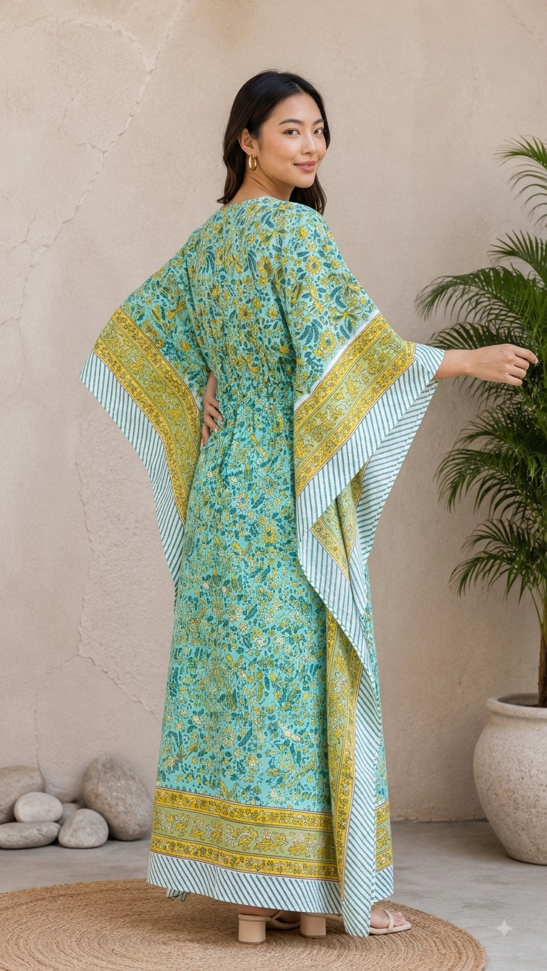 Mint Green Floral Block Printed Kaftan