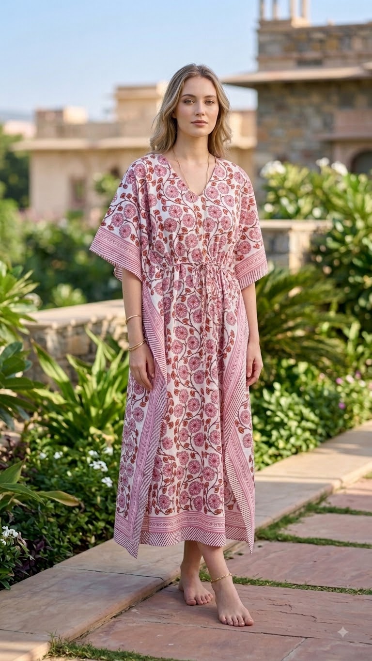 Blush Rose Floral Block Printed Kaftan