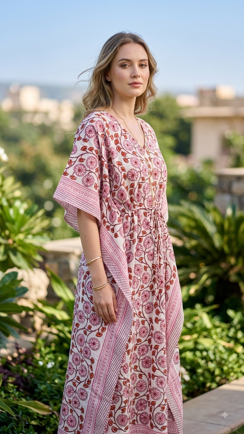 Hand Block Printed Kaftan in cream with dusty rose and burgundy floral vine print
