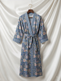 Hand Block Printed Kimono Robe in dusty blue with blush floral print and geometric border trim