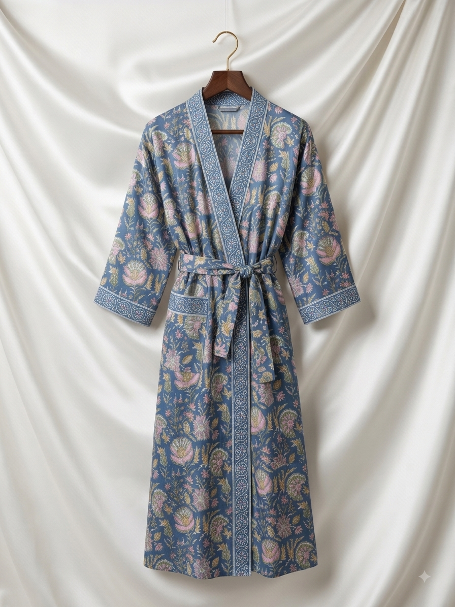 Hand Block Printed Kimono Robe in dusty blue with blush floral print and geometric border trim