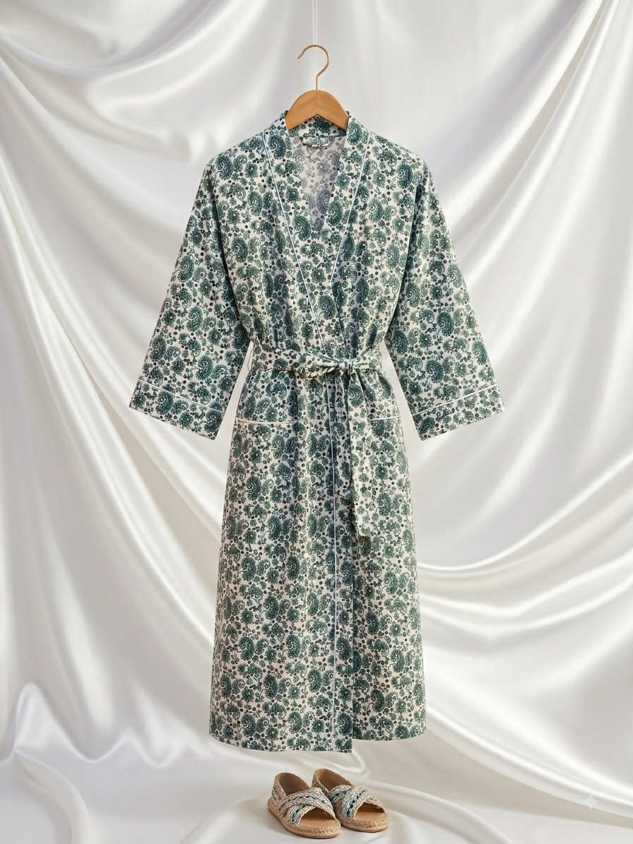 Teal Swirl Paisley Printed Kimono Robe