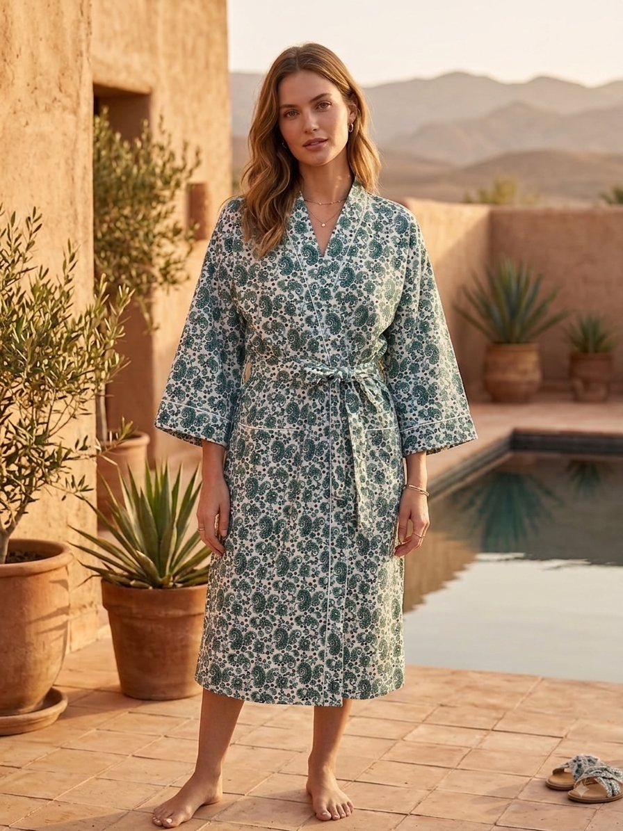 Teal Swirl Paisley Printed Kimono Robe