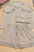Hand Block Printed Pyjama Short Set in cream with grey paisley print
