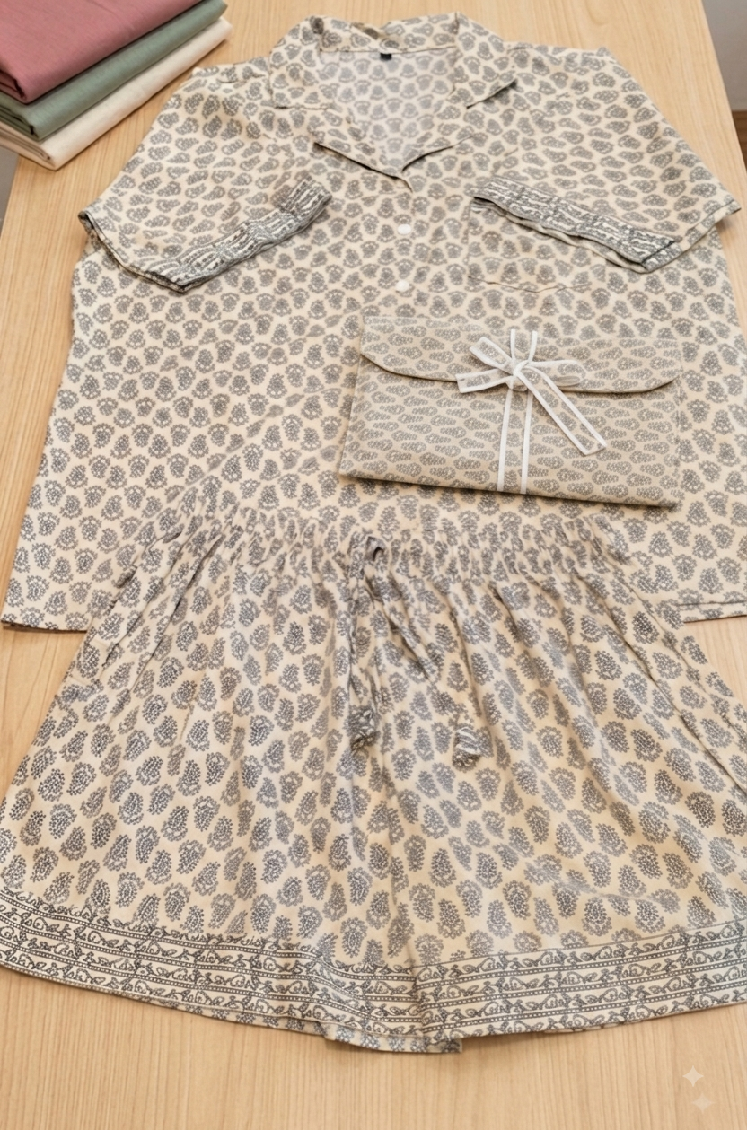 Hand Block Printed Pyjama Short Set in cream with grey paisley print