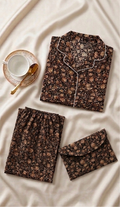 Hand Block Printed Pyjama Long Set in dark chocolate brown with blush floral print and matching pouch