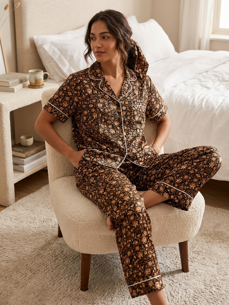 Dark Brown Floral Printed Pyjama Long Set