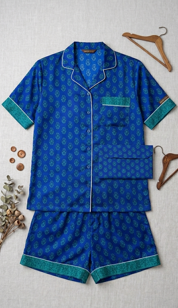 Hand Block Printed Pyjama Short Set in royal blue with teal border trim