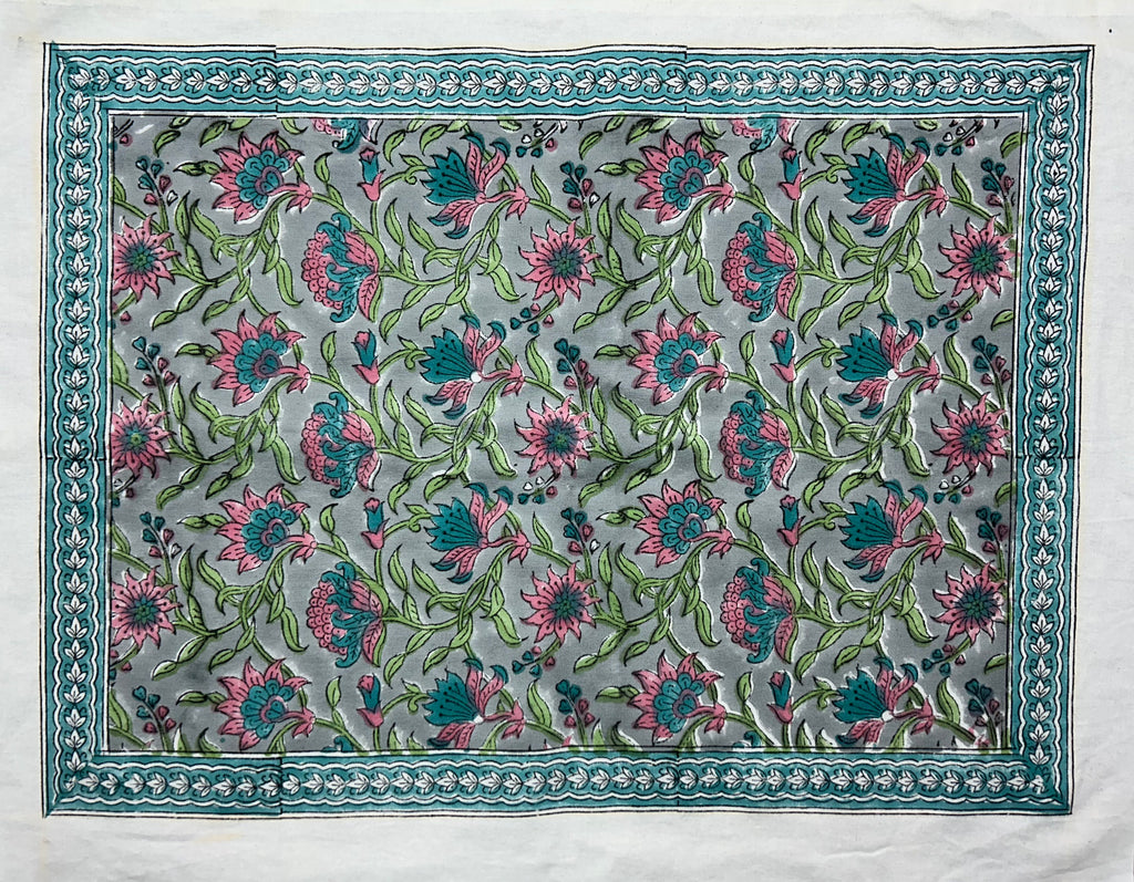 Floral All-Over Hand Block Printed Table Mat Set (6 pieces / colour) - 3 Colours (Yellow & Teal / Yellow & Pink / Pink & Teal)