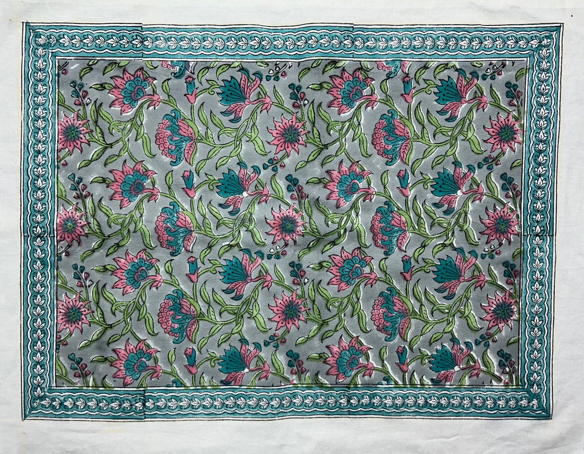 Floral All-Over Hand Block Printed Table Mat Set (6 pieces / colour) - 3 Colours (Yellow & Teal / Yellow & Pink / Pink & Teal)