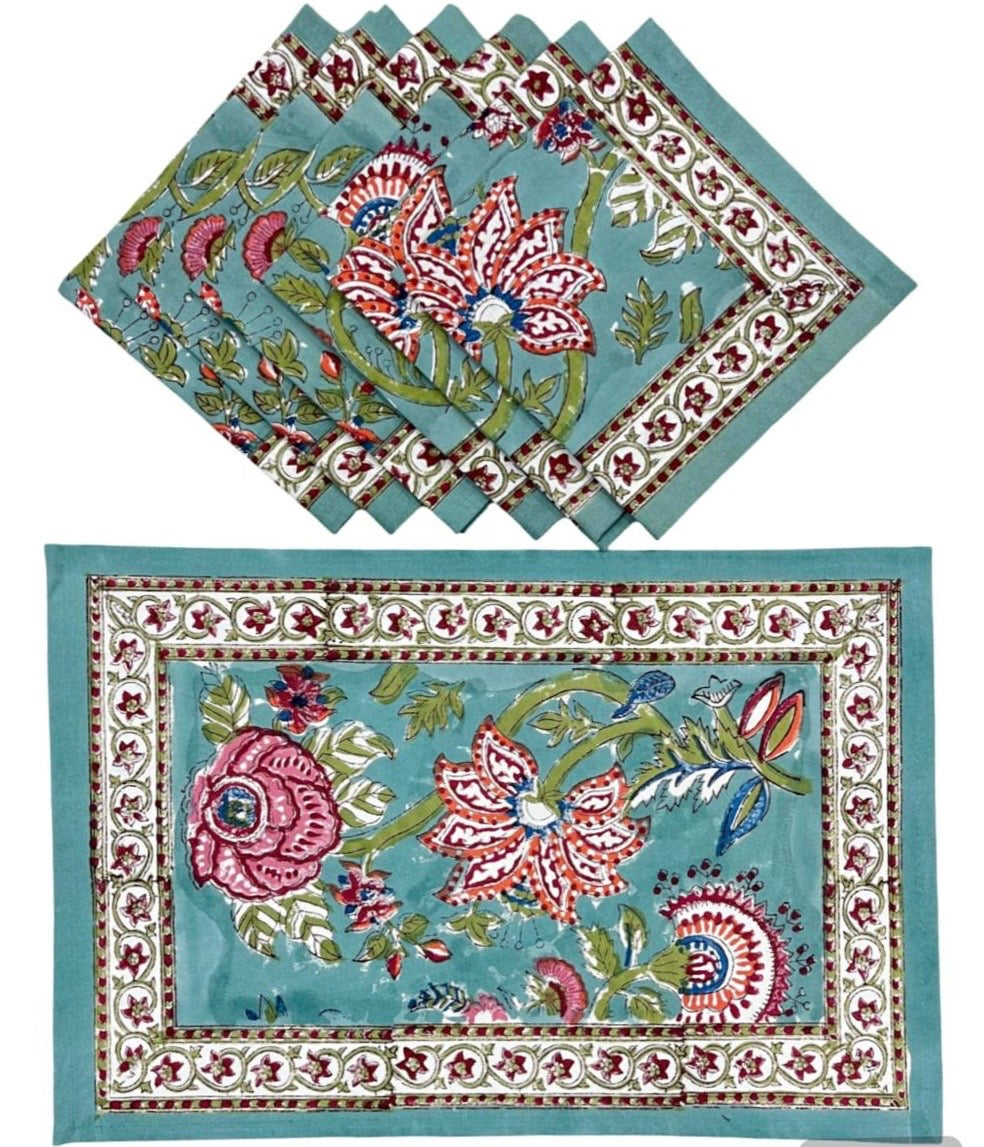Floral Hand Block Printed Table Mat Set (6 table mats + 6 napkins) - 2 colours