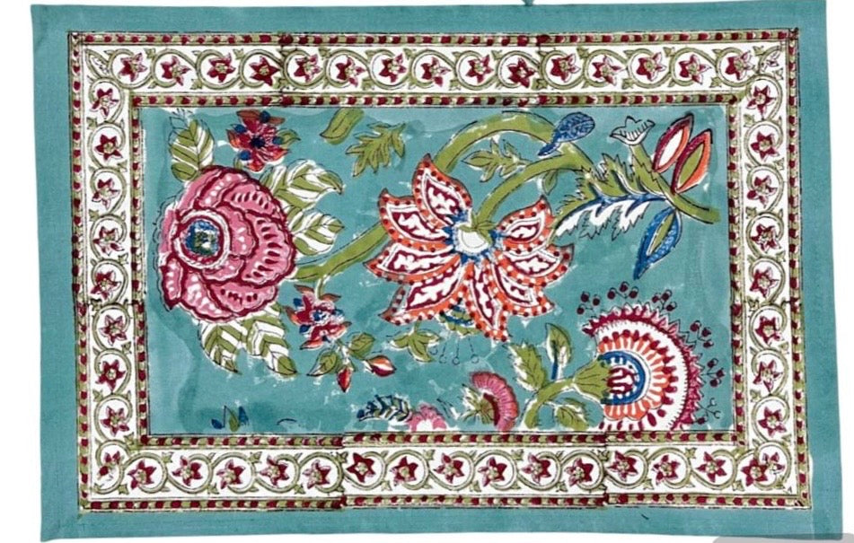 Floral Hand Block Printed Table Mat Set (6 table mats + 6 napkins) - 2 colours