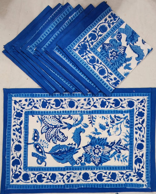 Blue floral block print table mat set with matching napkins