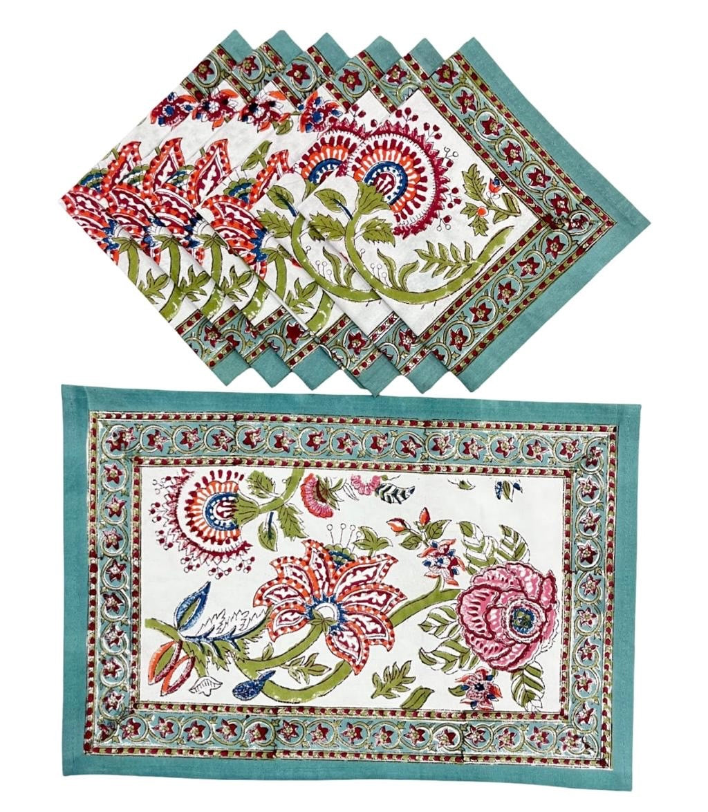 Hand block printed botanical floral table mat set of 6 with teal border