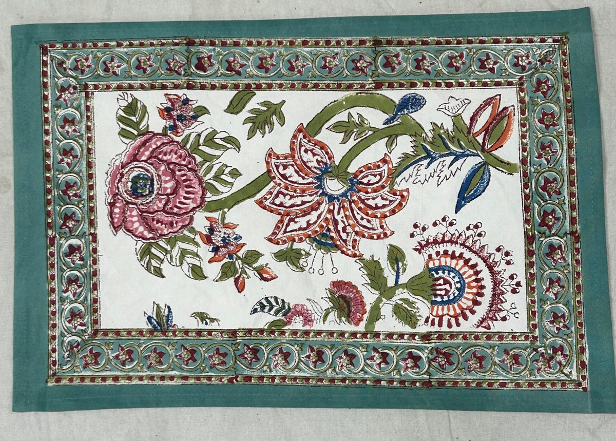 Floral Hand Block Printed Table Mat Set (6 table mats + 6 napkins) - 2 colours