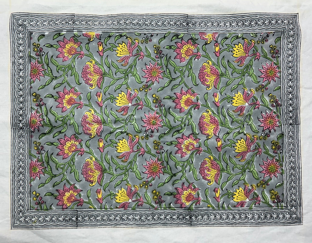 Floral All-Over Hand Block Printed Table Mat Set (6 pieces / colour) - 3 Colours (Yellow & Teal / Yellow & Pink / Pink & Teal)