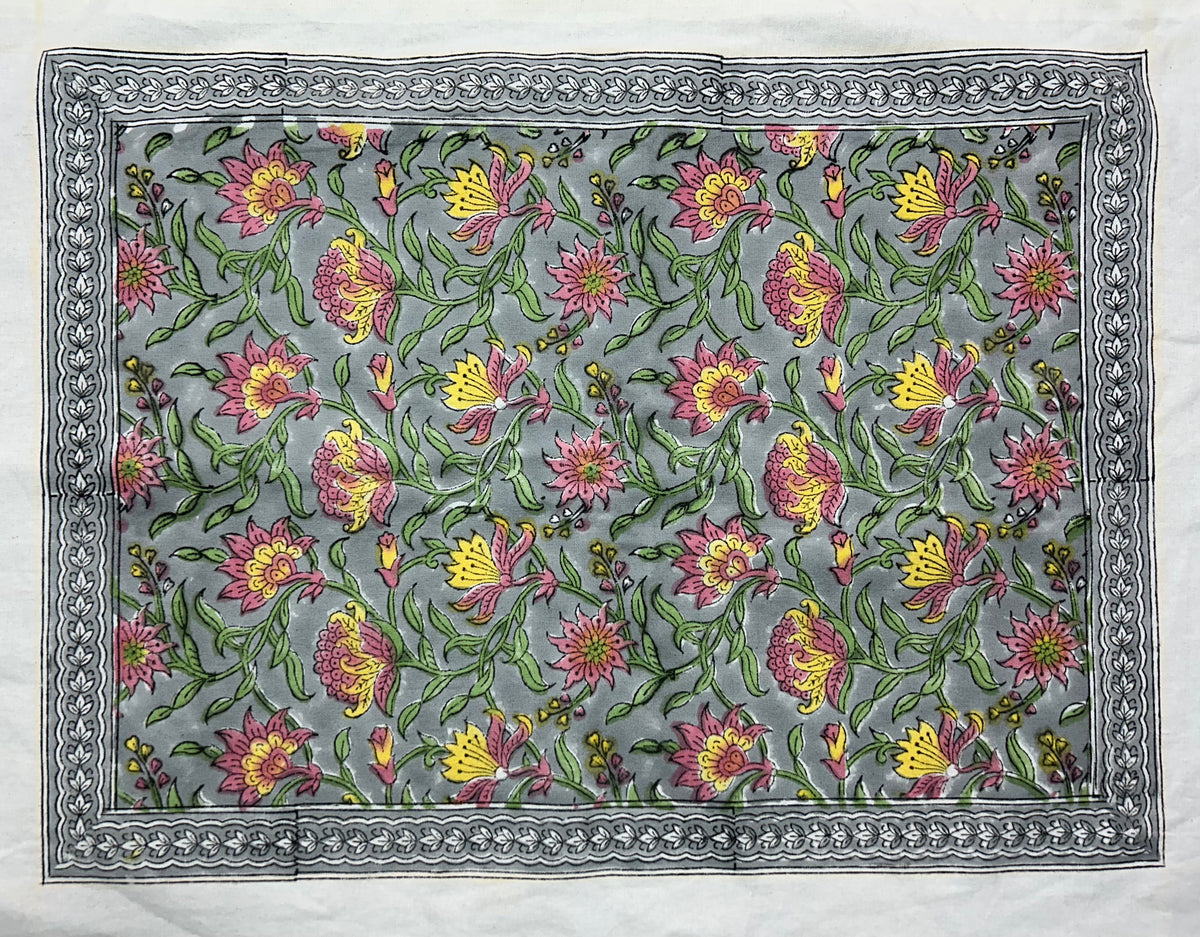 Floral All-Over Hand Block Printed Table Mat Set (6 pieces / colour) - 3 Colours (Yellow & Teal / Yellow & Pink / Pink & Teal)