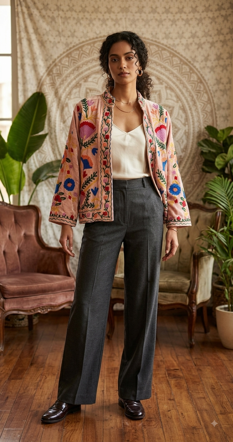 Floral Velvet Embroidered Suzani Jacket (7 colors - Charcoal Grey / Deep Blue / Navy Blue / Olive Green / Ruby / Pale Pink / White)