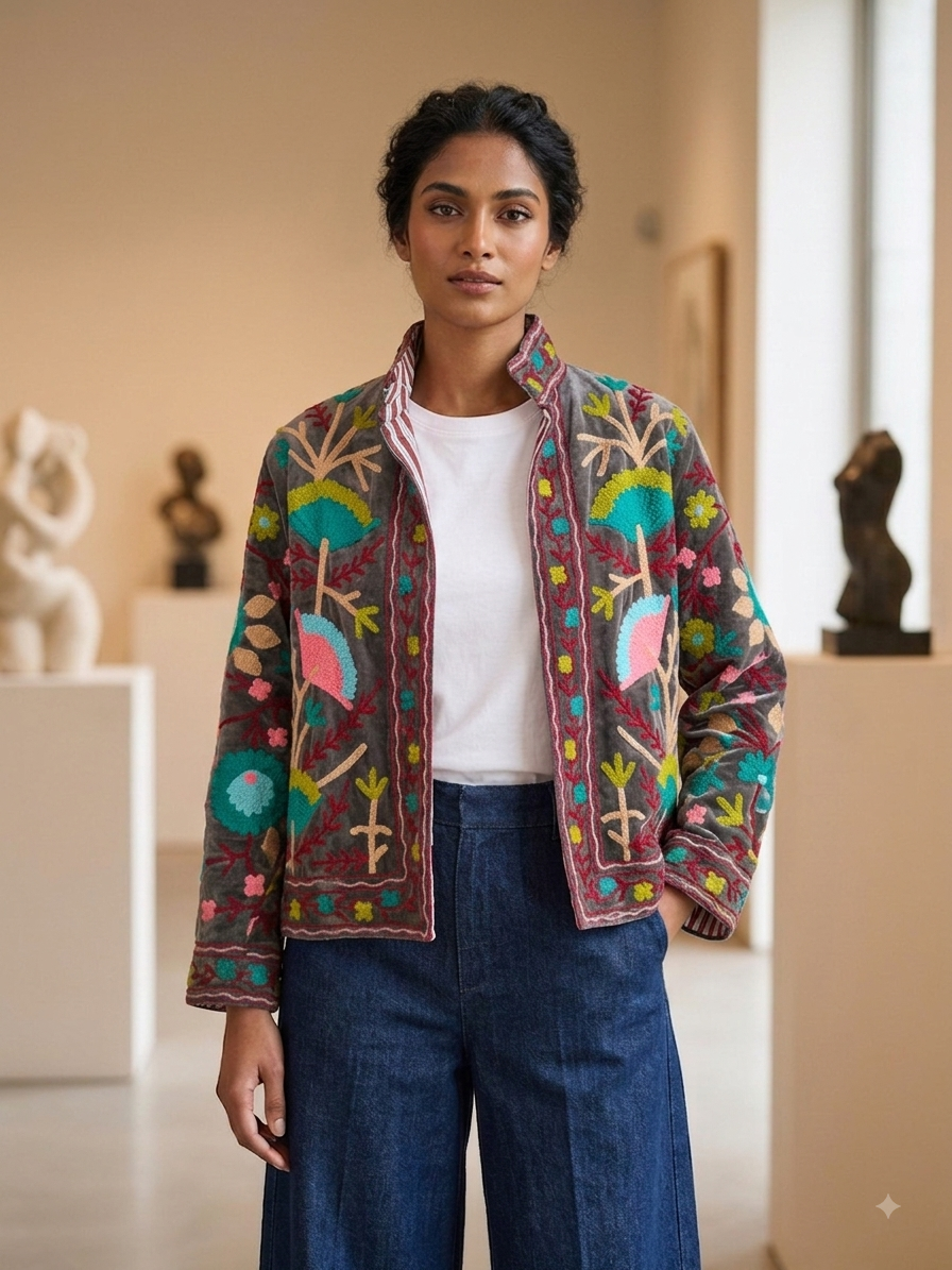 Floral Velvet Embroidered Suzani Jacket (7 colors - Charcoal Grey / Deep Blue / Navy Blue / Olive Green / Ruby / Pale Pink / White)