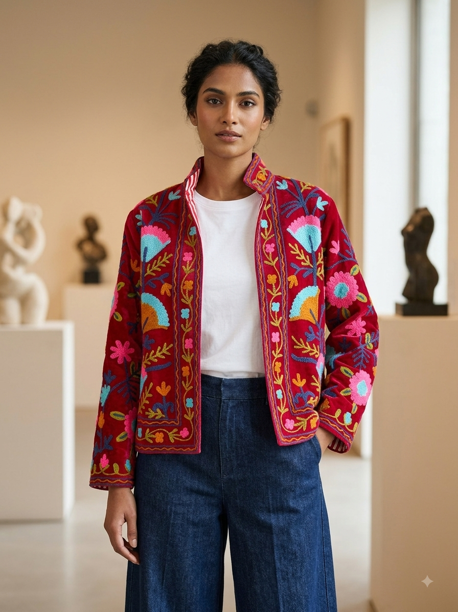 Floral Velvet Embroidered Suzani Jacket (7 colors - Charcoal Grey / Deep Blue / Navy Blue / Olive Green / Ruby / Pale Pink / White)