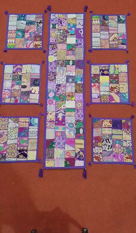 Bling Bling Purple Patchwork Embroidered Table Runner with 6 Table Mats