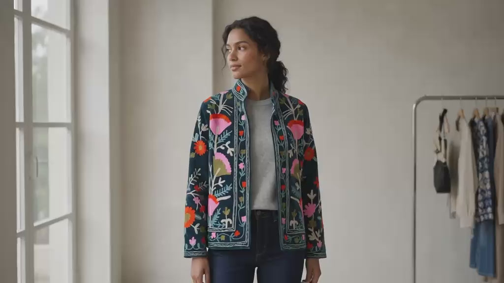 Floral Velvet Embroidered Suzani Jacket (7 colors - Charcoal Grey / Deep Blue / Navy Blue / Olive Green / Ruby / Pale Pink / White)