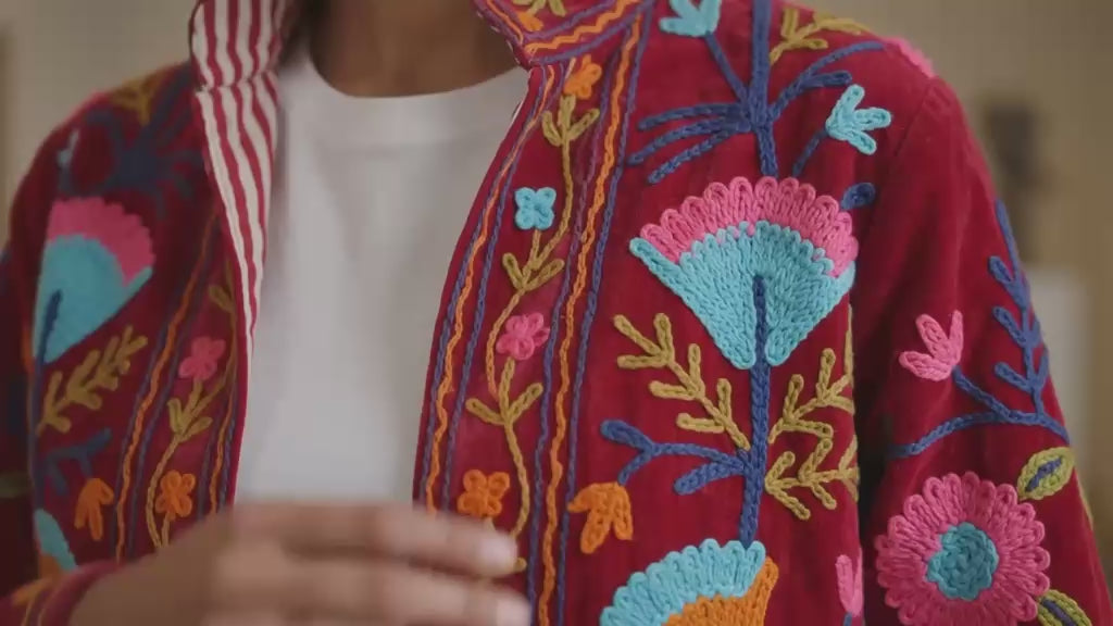 Floral Velvet Embroidered Suzani Jacket (7 colors - Charcoal Grey / Deep Blue / Navy Blue / Olive Green / Ruby / Pale Pink / White)