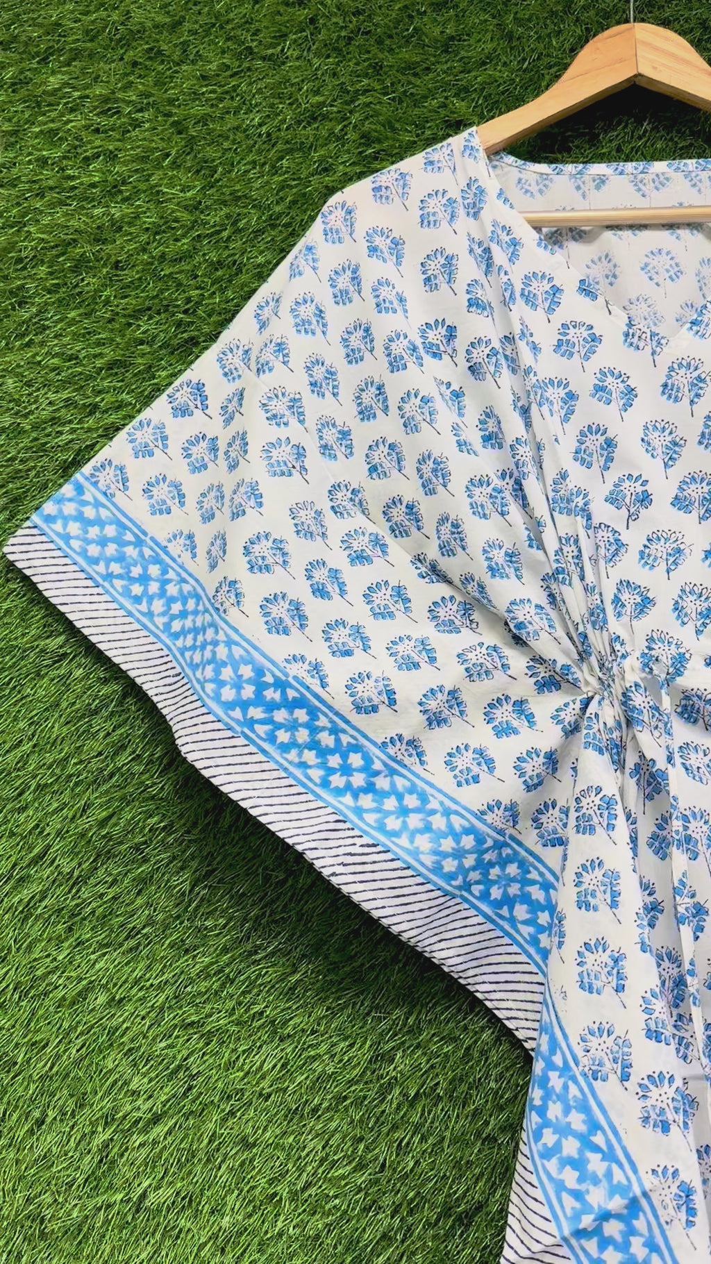 White Blue Floral Block Printed Kaftan