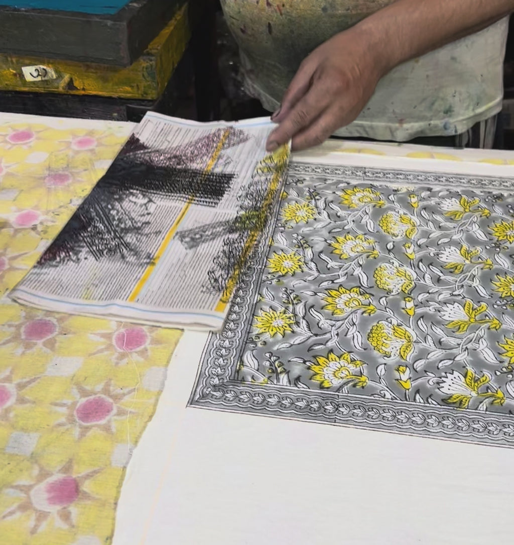 Floral All-Over Hand Block Printed Table Mat Set (6 pieces / colour) - 3 Colours (Yellow & Teal / Yellow & Pink / Pink & Teal)