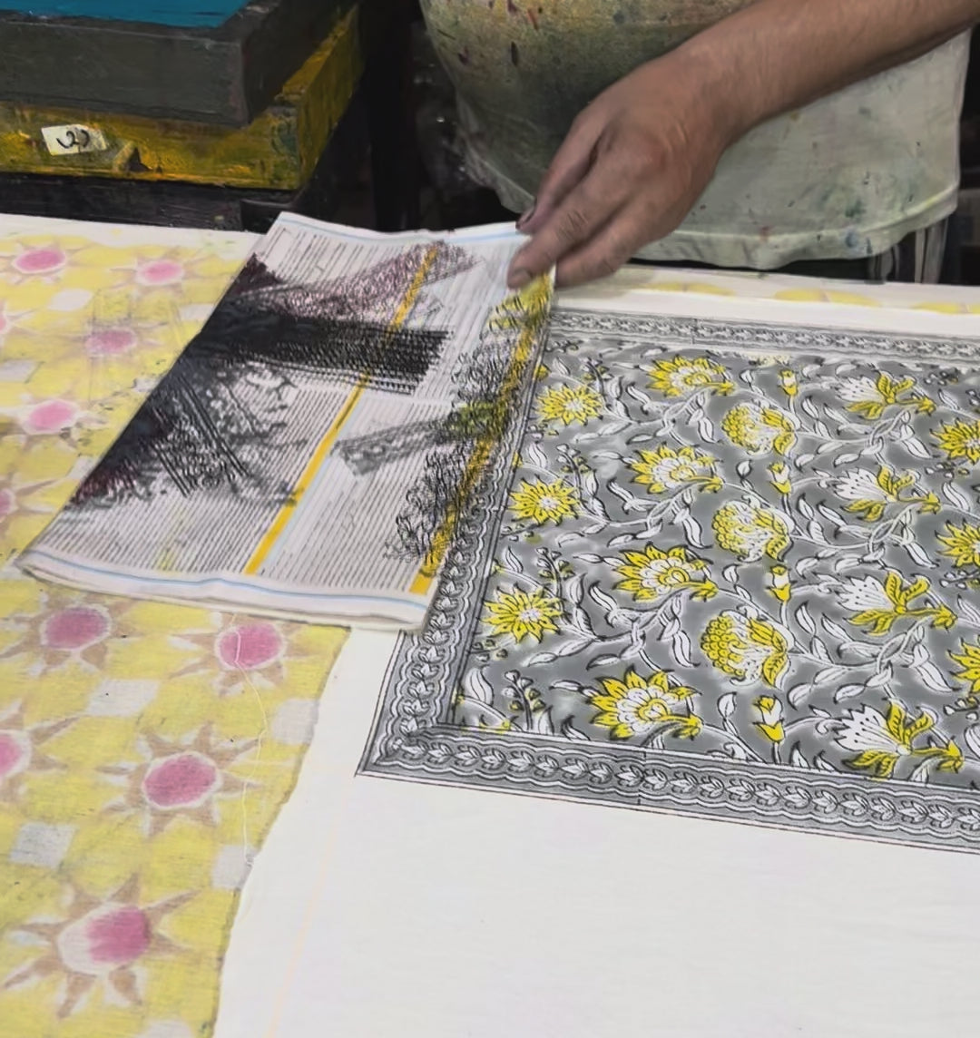 Floral All-Over Hand Block Printed Table Mat Set (6 pieces / colour) - 3 Colours (Yellow & Teal / Yellow & Pink / Pink & Teal)