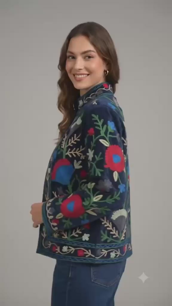 Floral Velvet Embroidered Suzani Jacket (7 colors - Charcoal Grey / Deep Blue / Navy Blue / Olive Green / Ruby / Pale Pink / White)