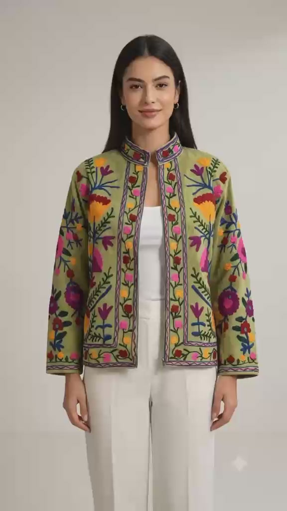 Floral Velvet Embroidered Suzani Jacket (7 colors - Charcoal Grey / Deep Blue / Navy Blue / Olive Green / Ruby / Pale Pink / White)
